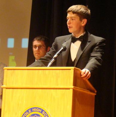 Scholarship winner Michael Flaherty accepts the award for Best Editing at the 2008 WHS Film Festival