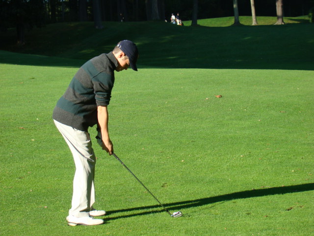 A+Walpole+golfer+prepares+a+tough+chip.