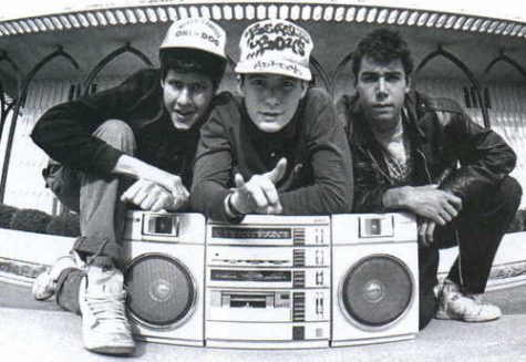 The Beastie Boys as young hip hop artists, Yauch pictured on the right.
