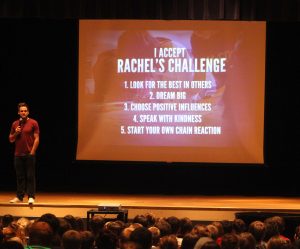 The speaker for Rachel's Challenge presents the program's five challenges for students.