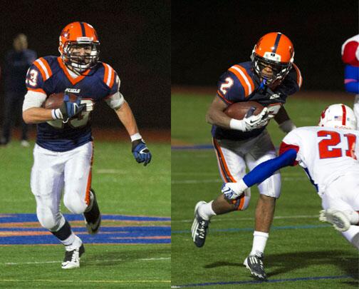 Walpoles sophomore runningback carrying the ball against rival, Natick.