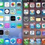 Side-by-side comparison of iOs7 and iOs6 homescreen