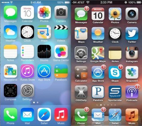 Side-by-side comparison of iOs7 and iOs6 homescreen