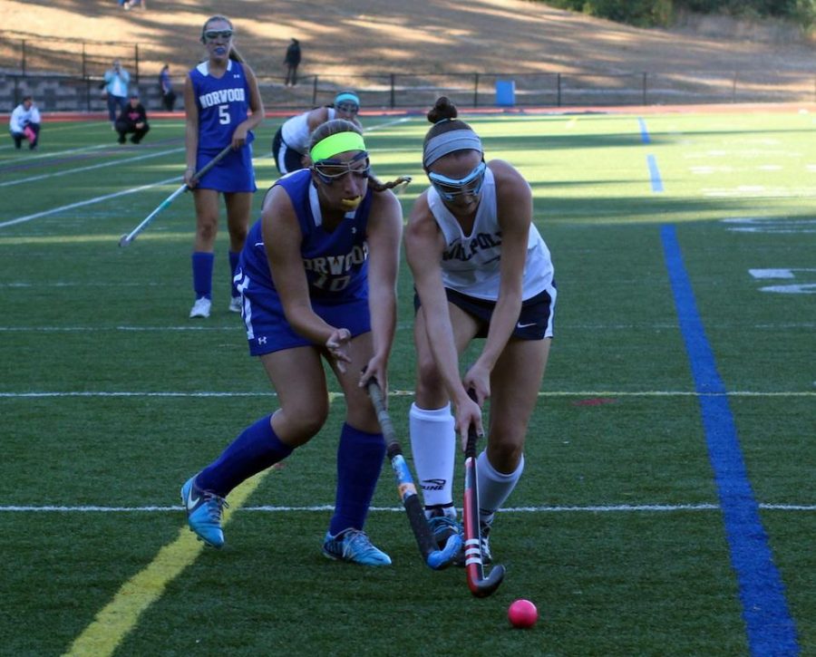A field hockey player controls the ball against a Norwood player (Photo / Max Simons).