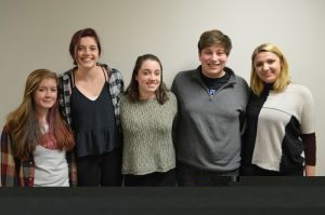 The winning movie crew of “The Turtle Shoot,” consisting of seniors Bridget Connell, Katie McGovern, Max Simons, Felicia Romeo and Matt Moriarty, as well as junior Meredith LoRusso, poses for a picture.