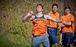 Senior Nick Campobasso takes first place against Dedham with a throw of 44'5.5" in shot on April 27 (Photo/ David Forester).