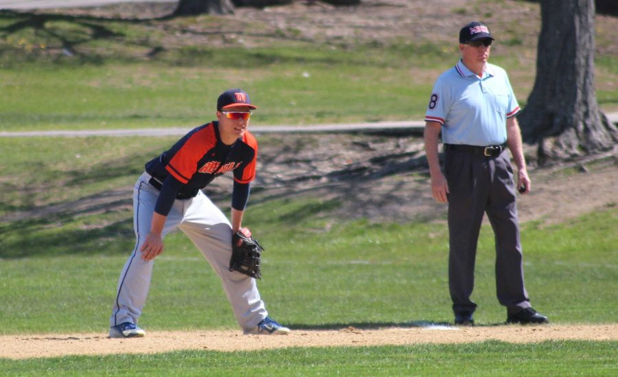 Walpole Rebels first baseman stands ready during Mondays game.