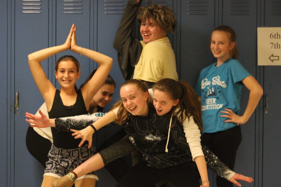 The cast from Walpole laughs and poses with eachother. Top row from left to right (Sydney Schultz, Myles Qualter, Grace Ward). Bottom row from left to right (Caterina Seeley, Cate Lightbody, Abbi Lightbody).