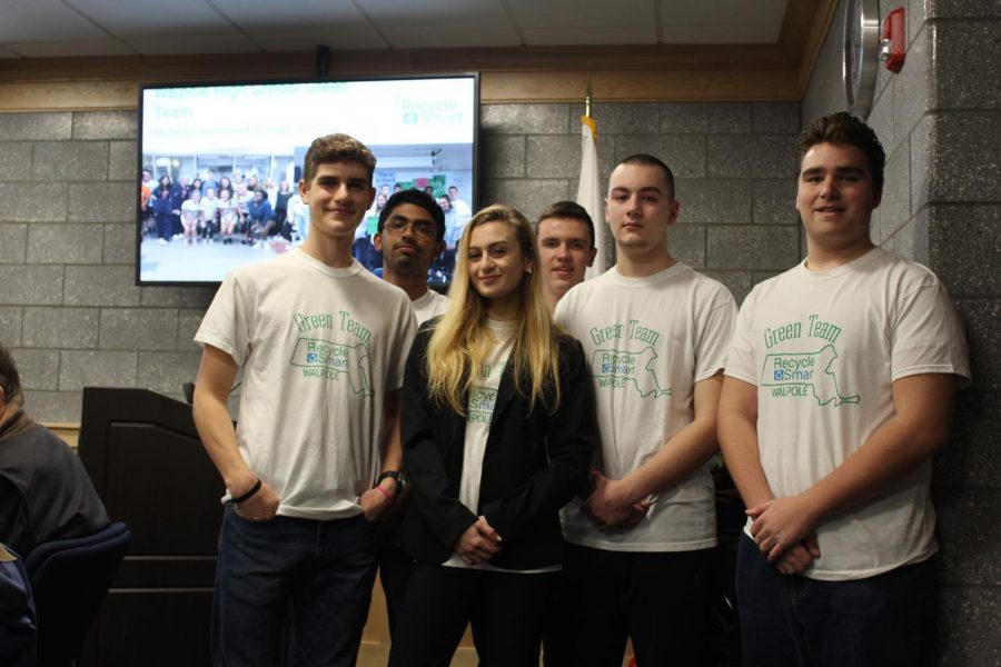 Green Team student representatives Nathan Schnaider, Rohit Josyula, Jeni Atallah, Brigham Byerly, Thomas Knoth and Matt Ferarro pose in the meeting room at the Walpole Police Station.  